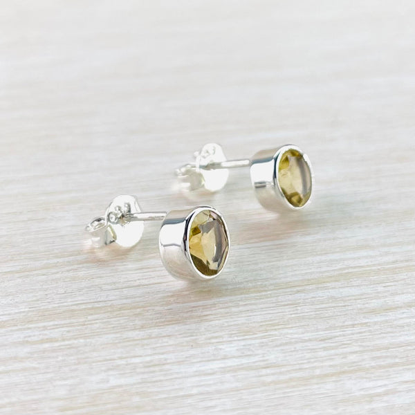 Round Sterling Silver and Citrine Stud Earrings.