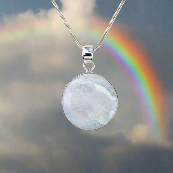 Larger Silver and Round Rainbow Moonstone Pendant.