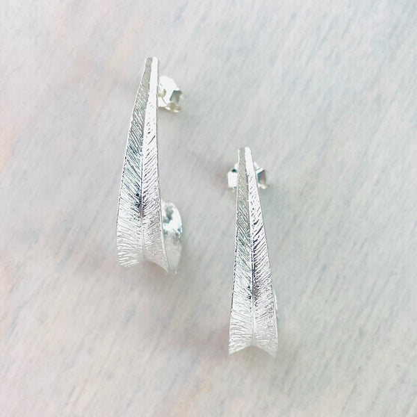 Sterling Silver Textured Curved Leaf Earrings