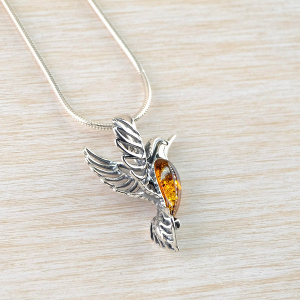 Sterling Silver and Amber Humming Bird Pendant.