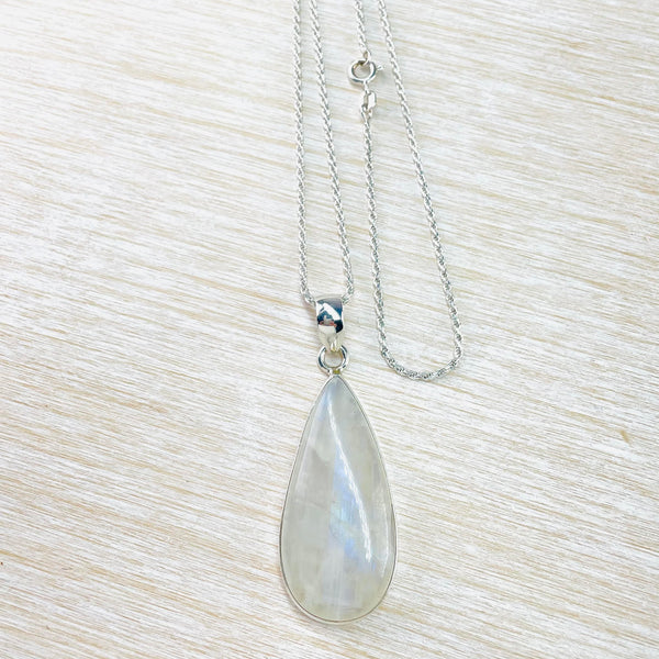 Larger Silver and Tear Drop Rainbow Moonstone Pendant.