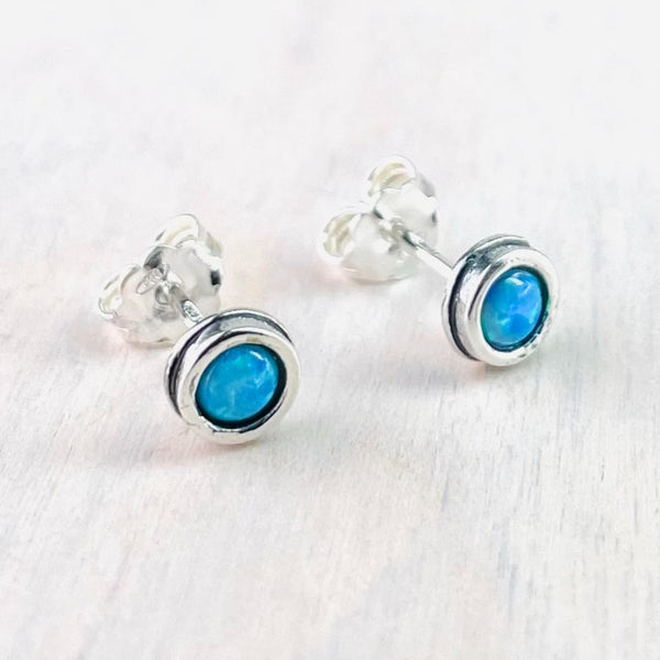 Decorative Round Opal and Silver Stud Earrings