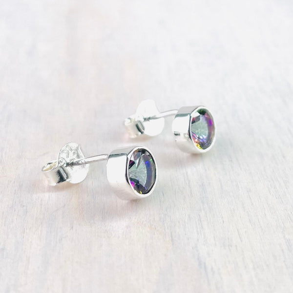 Round Sterling Silver and Mystic Topaz Stud Earrings.