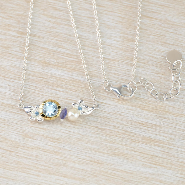 Delicate Sterling Silver, Iolite, Pearl and Blue Topaz Necklace.