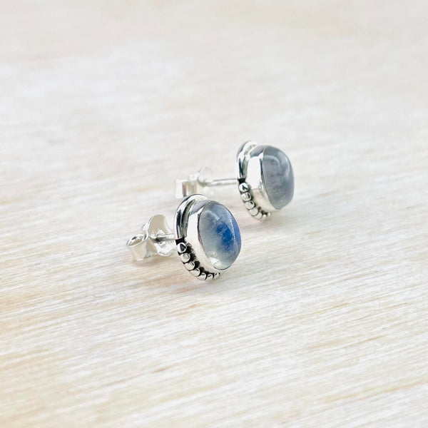 Oval Sterling Silver and Rainbow Moonstone Stud Earrings.