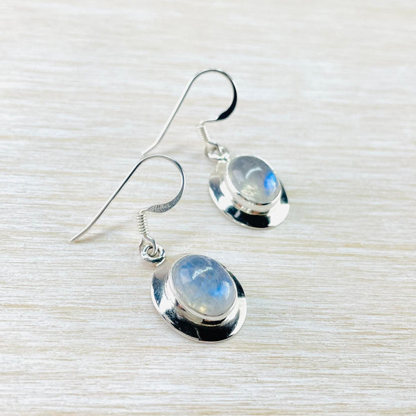 Oval Sterling Silver and Rainbow Moonstone Drop Earrings.