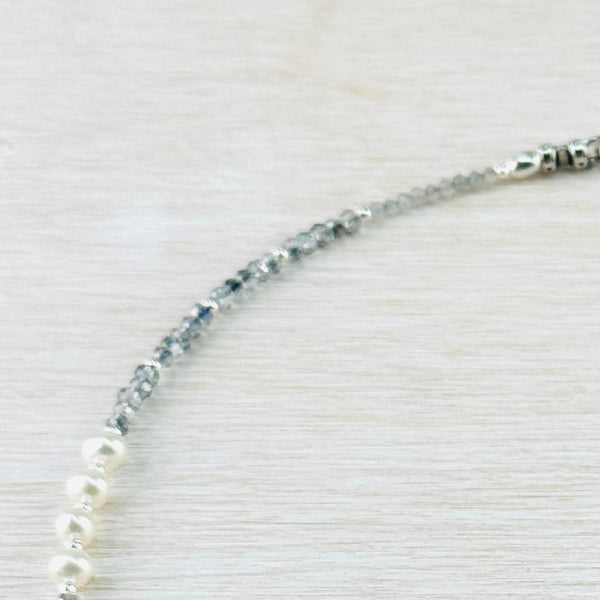Freshwater Pearl, Rainbow Moonstone, Crystal and Sterling Silver Necklace by Emily Merrix.