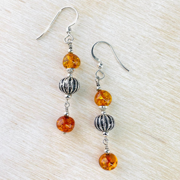 Amber Bead and Sterling Silver Drop Earrings.
