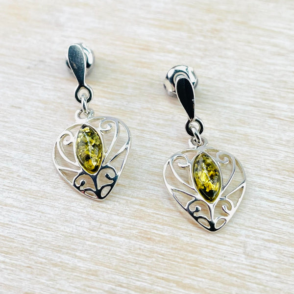 Marquise Green Amber in Decorative Silver Surround Earrings.
