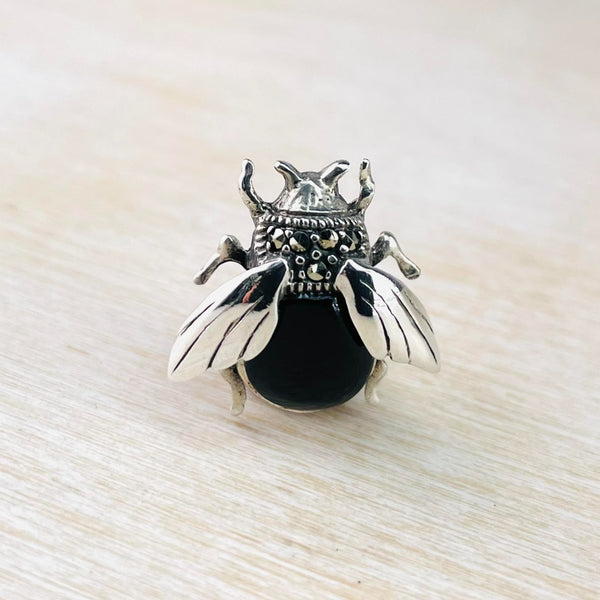Small Marcasite, Black Onyx and Silver Bee Design Brooch.