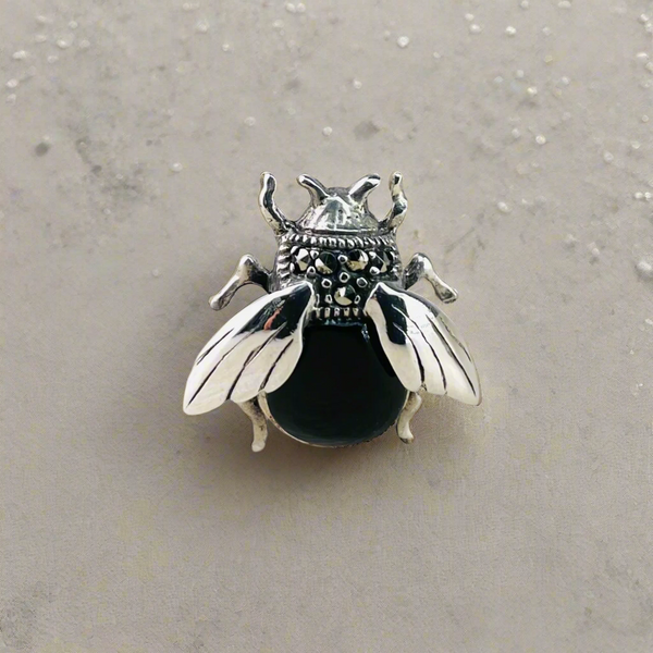 Small Marcasite, Black Onyx and Silver Bee Design Brooch.