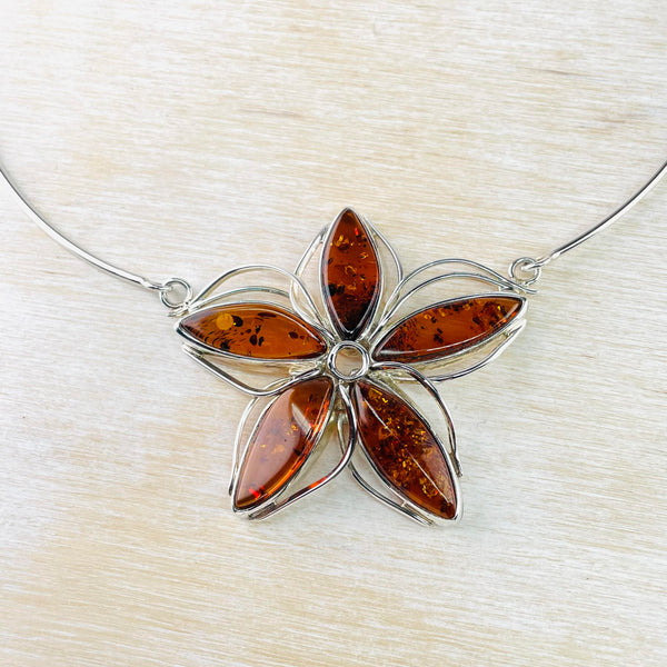 Sterling Silver and Amber Flower Necklace.