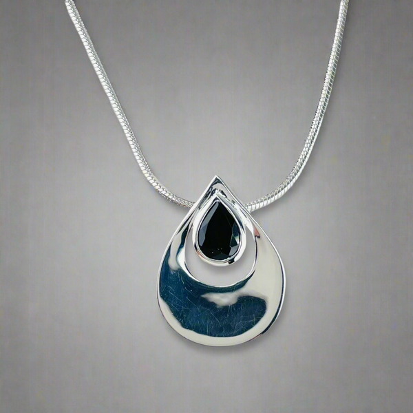 Cut Out Tear Drop Sterling Silver and Black Onyx Pendant.