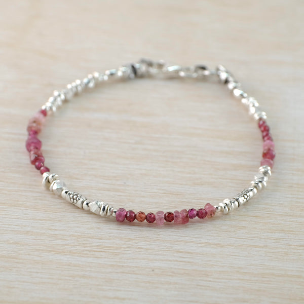 Pink Tourmaline, Garnet and Sterling Silver Bead Bracelet by Emily Merrix.