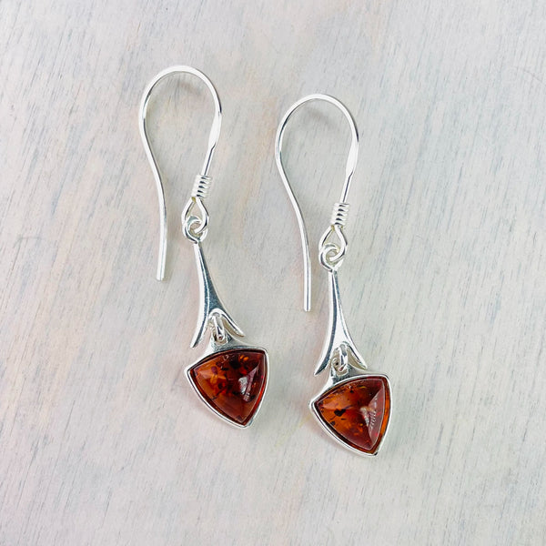 Triangular Cognac Amber and Silver Drop Earrings.