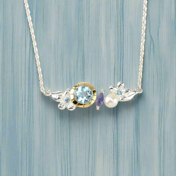 Delicate Sterling Silver, Iolite, Pearl and Blue Topaz Necklace.