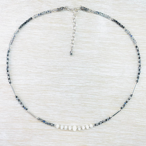 Mother of Pearl, Crystal, Spinel and Sterling Silver Bead Necklace by Emily Merrix.