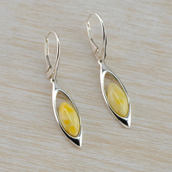 Marquise Milky Honey Amber and Silver Drop Earrings.