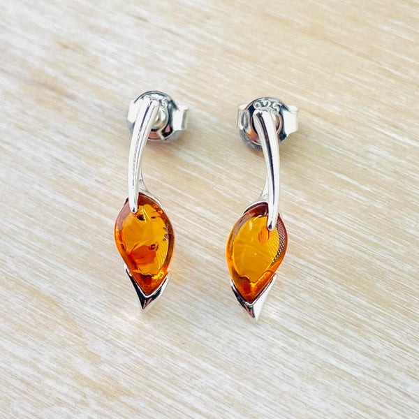 Cognac Amber and Sterling Silver Post Earrings.