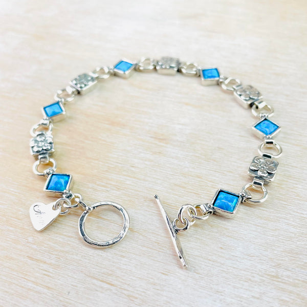 Sterling Silver Flower and Square Opal Linked Bracelet.