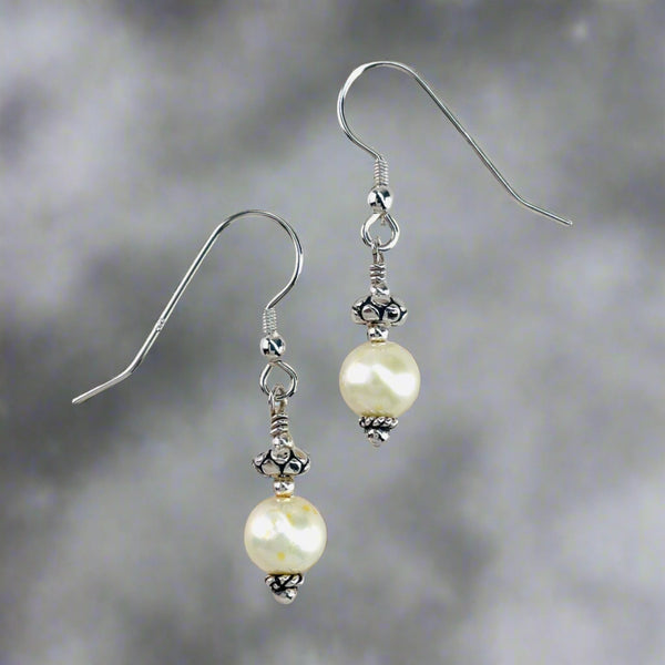 Sterling Silver and Freshwater Pearl Bead Drop Earrings by Emily Merrix.