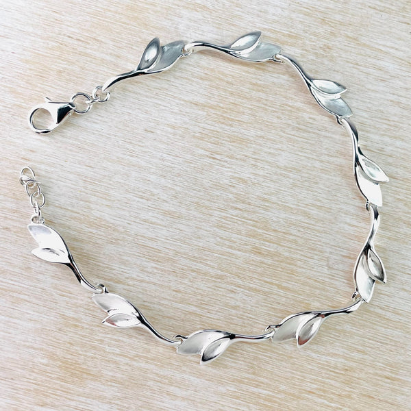 Brushed and Polished Sterling Silver Leaf Design Bracelet by JB Designs.