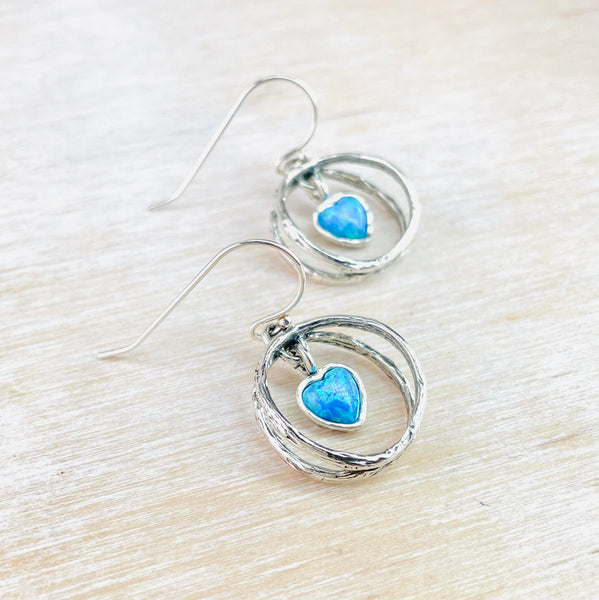 Decorative Silver Circle with Opal Heart Earrings.