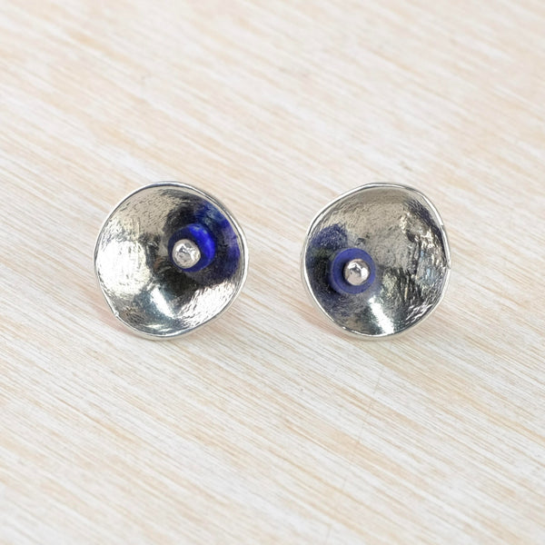 Sterling Silver Disc Stud Earrings with Lapis Detail by JB Designs.