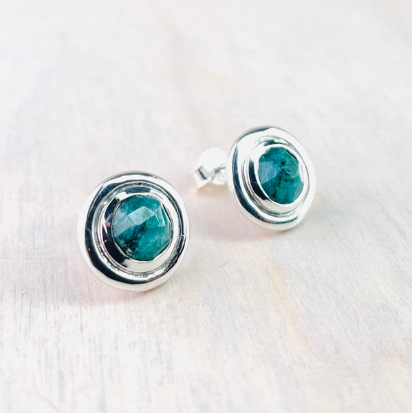 Framed Round Emerald Quartz and Silver Stud Earrings.