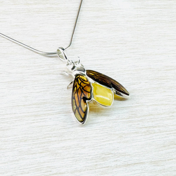 Two Coloured Amber and Sterling Silver Bee Design Pendant.