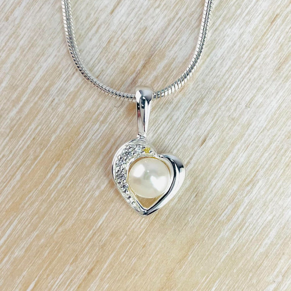 Contemporary Sterling Silver, Zirconia and Pearl Heart Pendant by JB Designs.