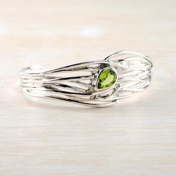 Sterling Silver and Peridot Wave Torque Bangle Bracelet.