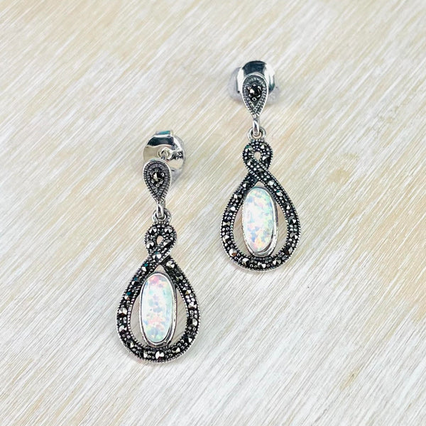 Marcasite, Created Opal and Sterling Silver Drop Earrings.