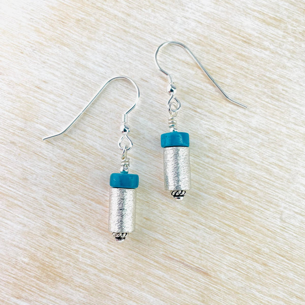 Turquoise and Brushed Sterling Silver Bead Drop Earrings.