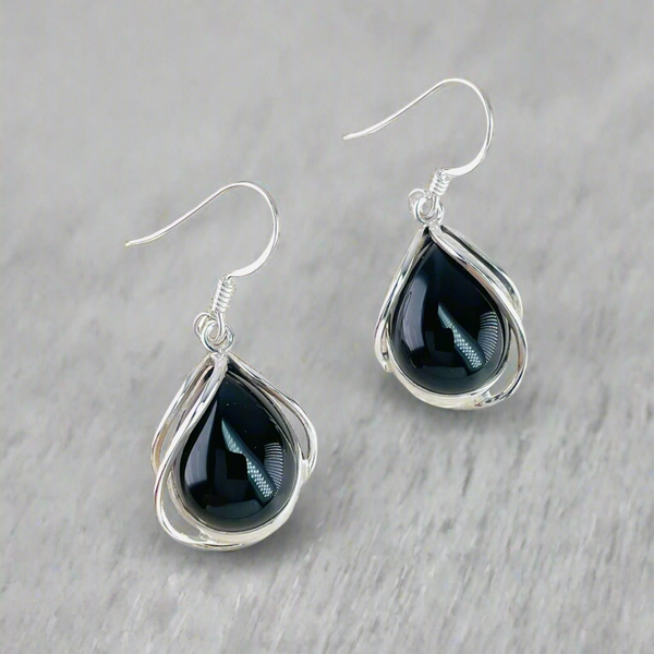Tear Drop Black Onyx Earrings with Silver Overlay.