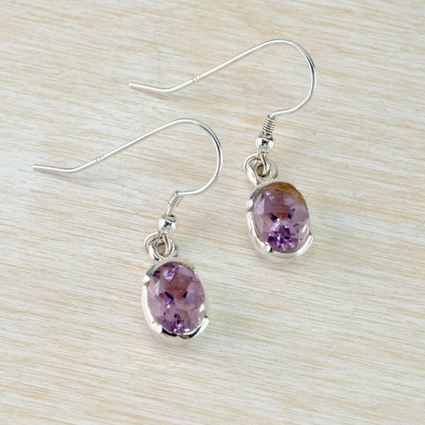 Simple Oval Sterling Silver and Amethyst Drop Earrings.
