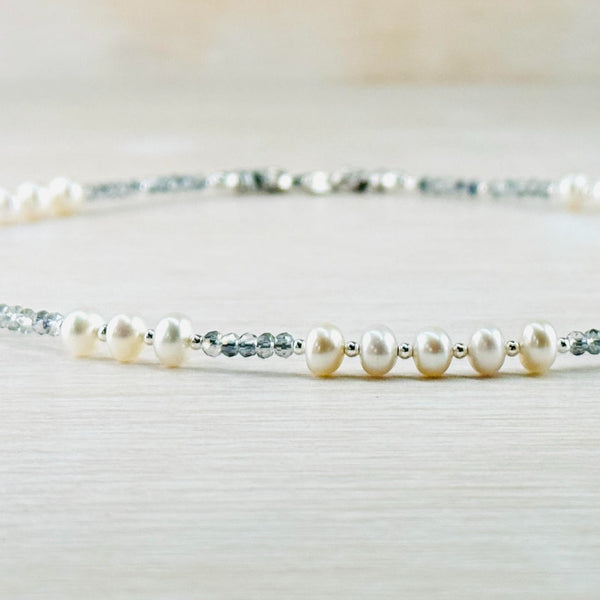 Freshwater Pearl, Grey Crystal and Sterling Silver Necklace by Emily Merrix.