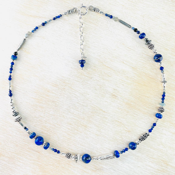 Lapis Lazuli and Decorative Silver Bead Necklace by Emily Merrix.