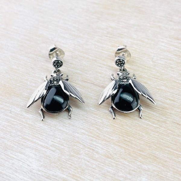 Marcasite and Black Onyx Bee Drop Earrings.