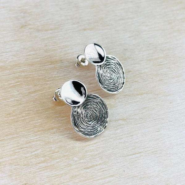 High Polished and Textured Silver Double Circle Stud Earrings.