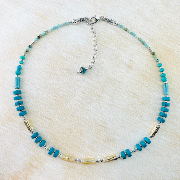 Amazonite, Turquoise, Silver  and Gold Plated Bead Necklace by Emily Merrix.