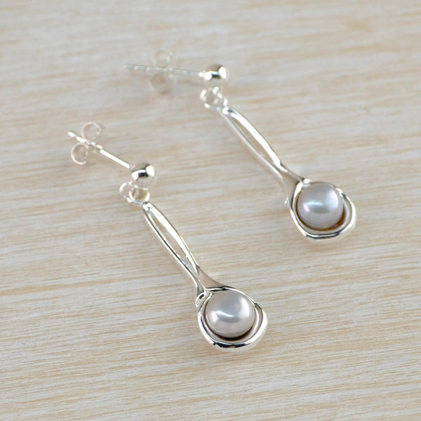 Organic Design Sterling Silver and Grey Pearl Drop Earrings.