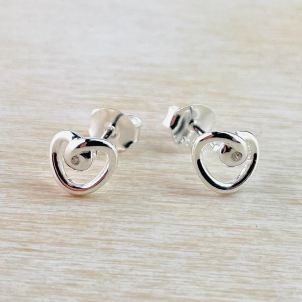 Silver and CZ Looped Heart Outline Stud Earrings by JB Designs.