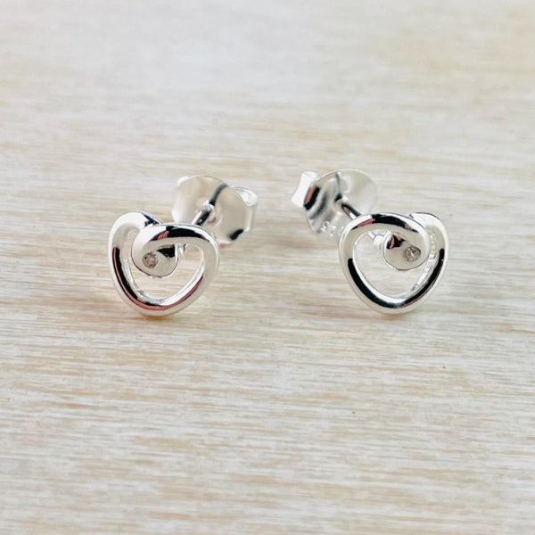 Silver and CZ Looped Heart Outline Stud Earrings by JB Designs.
