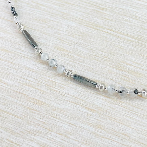 Rainbow Moonstone, Spinel and Black Tourmaline Bead Necklace by Emily Merrix.