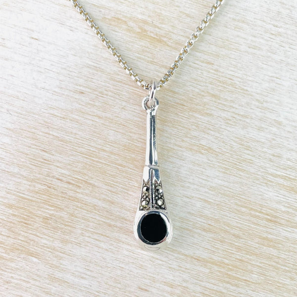 Delicate Sterling Silver, Marcasite and Black Onyx Pendant.