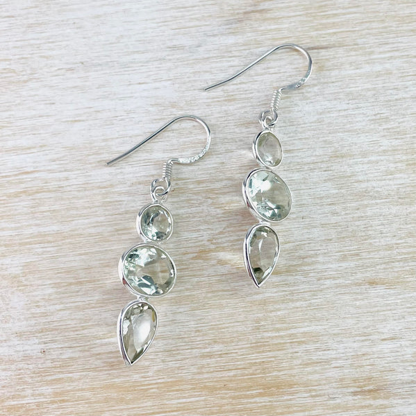 Sterling Silver and Green Amethyst Triple Drop Earrings.