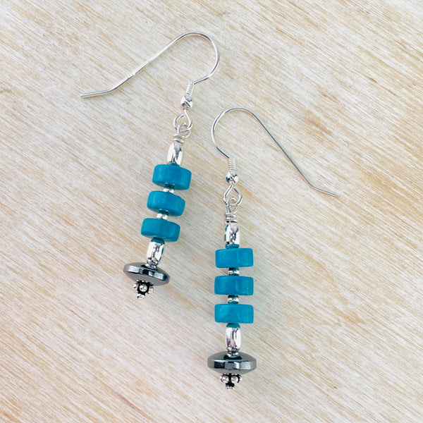 Turquoise, Hematite and Sterling Silver Bead Earrings by Emily Merrix.