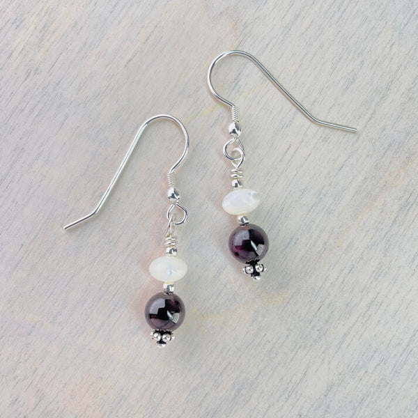 Sterling Silver, Garnet and Mother of Pearl Bead Drop Earrings.