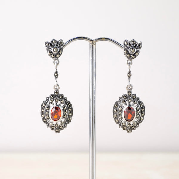 Marcasite, Garnet CZ and Sterling Silver Drop Earrings.